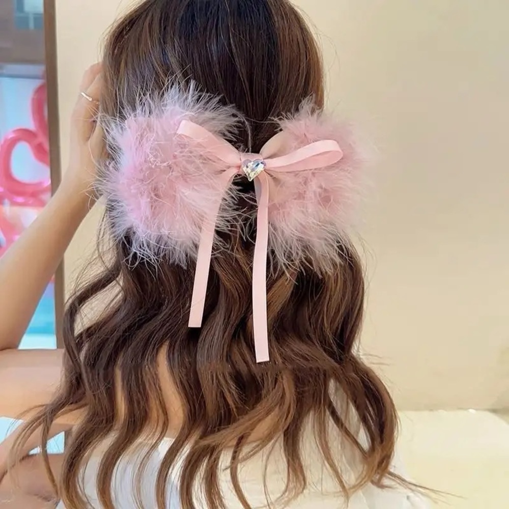 Oversized Pink Feather Bow French Barrette Hair Clip